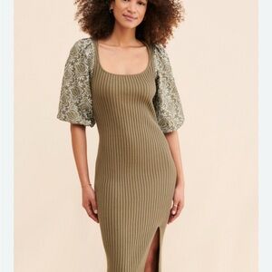 Dolan Olive Ribbed Midi Dress with Floral Sleeves